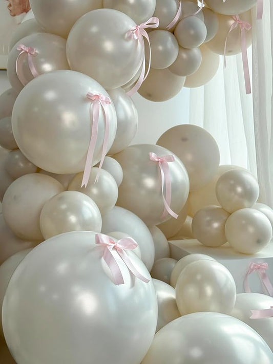 185pcs Pearl White Sand Double Stuffed Balloon Arch Kit in Different Sizes 5” 10“ 12” 18", White Pearl Balloons with Pink Bows for Wedding Birthday Bridal Shower Baby Shower Decoration