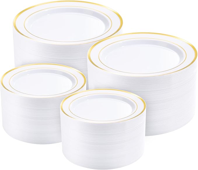BESTVIP 400PCS Gold Plastic Plates, White with Gold Rim Disposable Plates - 200 Dinner Plates and 200 Dessert Plates, Heavy Duty Fancy Party Plates for Wedding, Catering, Large Events