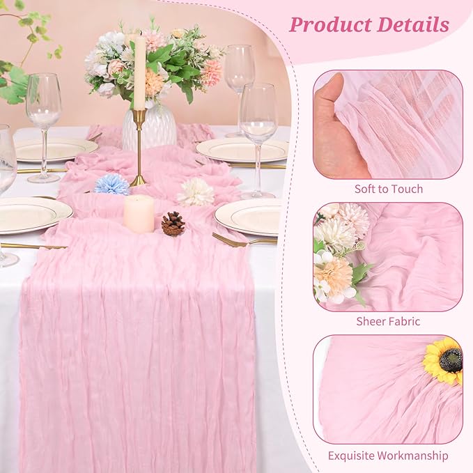 20 Pack Cheesecloth Table Runner Light Pink, Rustic Boho Gauze Fabric Table Runner Romantic Table Runner for Wedding, Festival, Birthday, Anniversary, Dinner and Outdoor Events (17.7 x 108 inch)