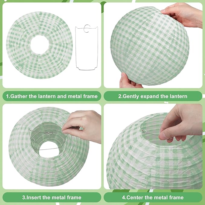 Honoson 12 Pcs Green Gingham Paper Lanterns Decoration10 Inch White and Sage Green Checkered Plaid Round Chinese Hanging Lanterns for Baby Boy Shower Wedding Birthday Picnic BBQ Decoration