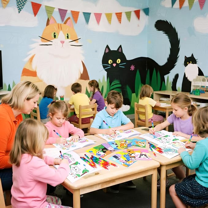BenLouis 24 Cat Mini Coloring Books Kids with 24 Stacking Crayons Cute Kitten Small Party Favors Activity Books Bulk for Kids Pet Goodie Bag Gift Stuffer Classroom Reward