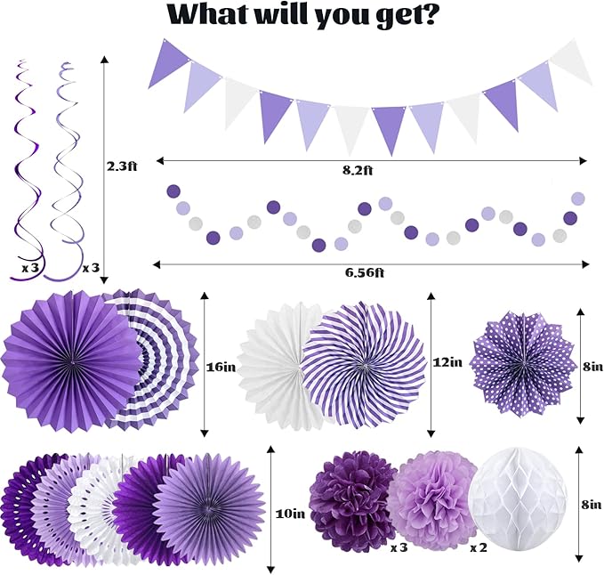 24 Pcs Purple Birthday Decorations Kit, Reusable Hanging Paper Fans Triangle Banner Tissue Pom Poms for Lavender Party Event and Wedding Graduation Bridal Shower Retirement