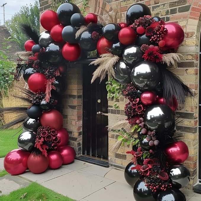 Black Red Balloons Thick Double Stuffed Black Burgundy Balloon Garland Arch Kit for Gothic Vampire Till Death Do Us Rip To Twenties Halloween Birthday Party Decorations