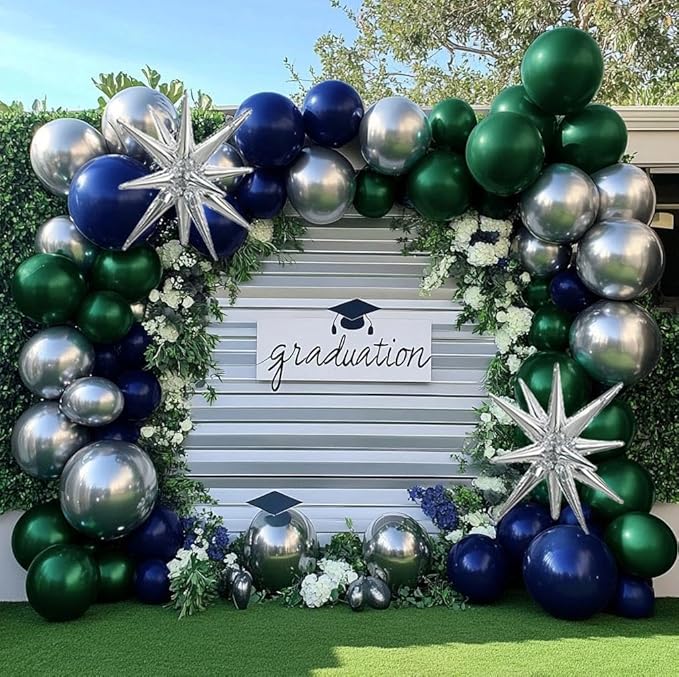 Navy Blue Green Silver Balloon Garland Double Stuffed Dark Green Silver Forest Navy Balloon Metallic Arch Kit for Birthday Football Game Dinosaur Graduation Party Decoration