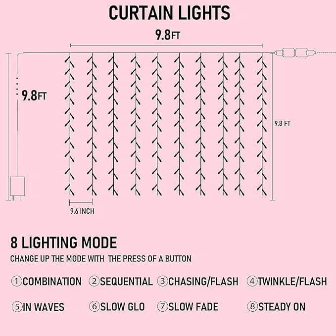 Dazzle Bright 300 LED Curtain String Lights, Valentine's Day Fairy Lights for Bedroom with 8 Lighting Modes, Connectable Waterproof Window Lights Party Wedding Garden Wall Christmas Decor, Pink