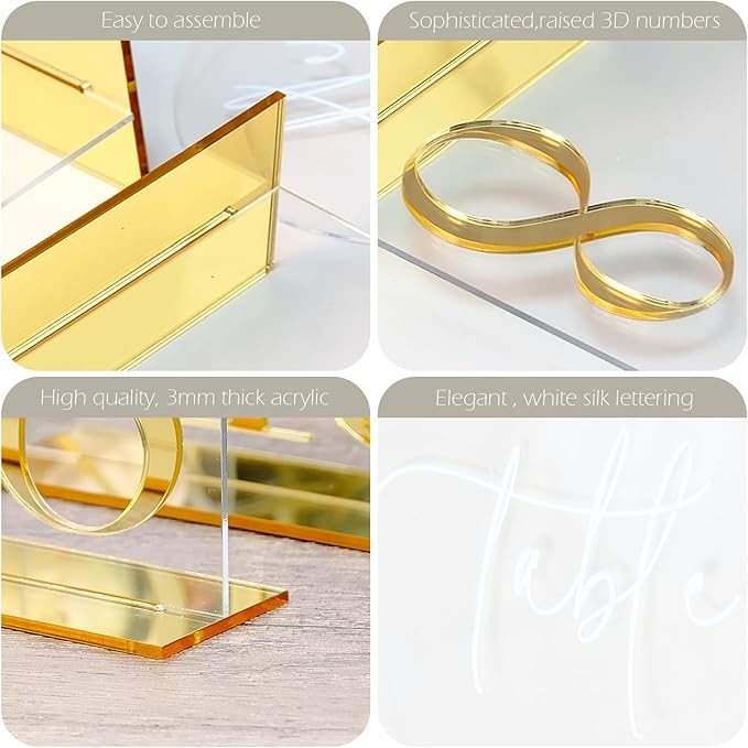 HOODO Clear Arch Wedding table numbers 1-20 with Stands, 5"x7" Arched Acrylic Signs with Gold Mirror Numbers, Clear and Gold Acrylic Table Numbers for Wedding Reception, Party, Anniversary, Event