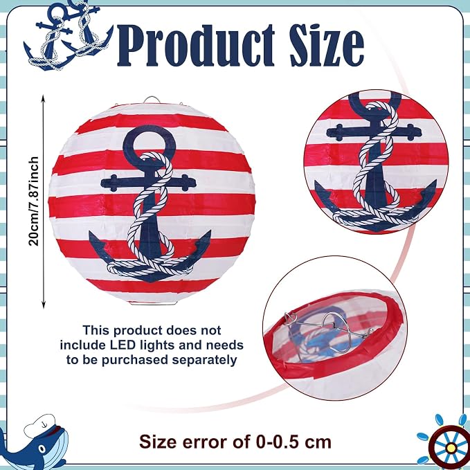 Panelee 12 Pcs Nautical Birthday Party Decorations Anchor Sailor Boat Cruise Ship Theme 8 Inches Hanging Paper Lanterns 8 Inches Round Lanterns for Holiday Navy Baby Shower Party Decor Supplies