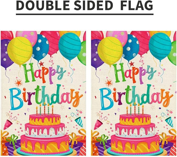 Happy Birthday Garden Flags 12x18 Double Sided Burlap, Colorful Balloon Cake Toppers Personalized Banner Farmhouse Yard Sign Birthday Party Outdoor Decorations DF576