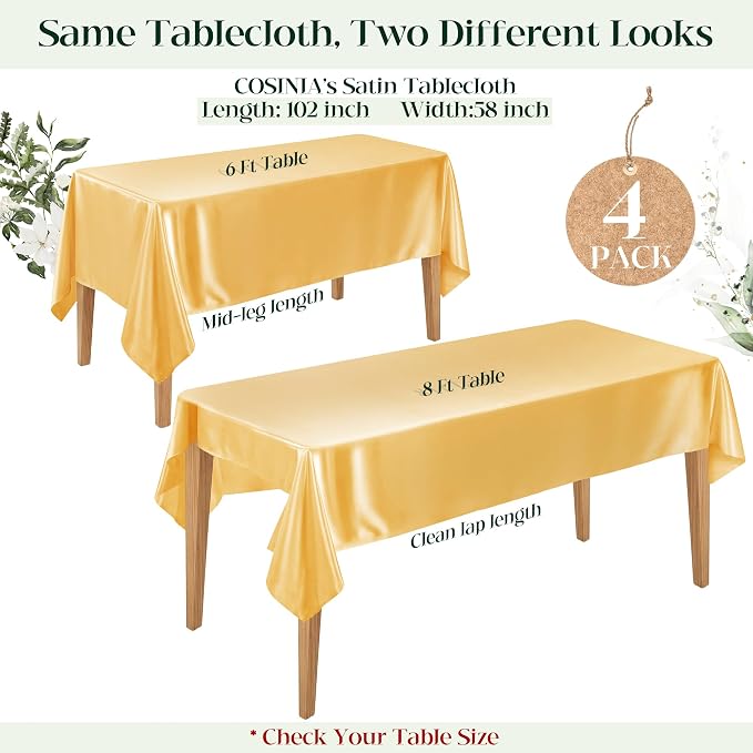 4 Pack Gold Satin Tablecloth 58 x 102 Inches, Rectangular Satin Table Cloths for Wedding Reception, Birthday Party, Graduation & Holiday Banquet Tables