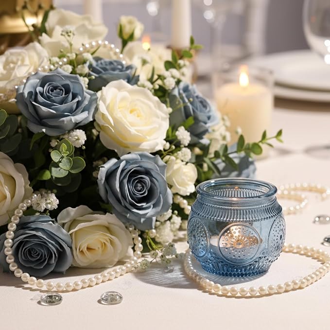 36 Pcs Blue Candle Holders Bulk for Wedding Table Decorations- Floral Style Dusty Blue Candle Holder for Bridal Shower, Baby Shower Decor