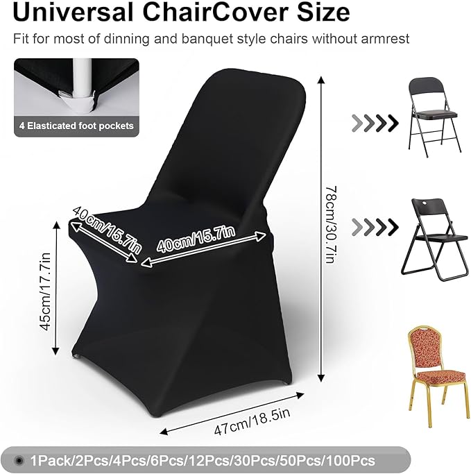 Trlyc Spandex Folding Chair Covers 30 Pcs Universal Fitted Stretchy Dining Chair Slipcovers for Wedding Party Banquet Flat-Front Chair Cover (Black)