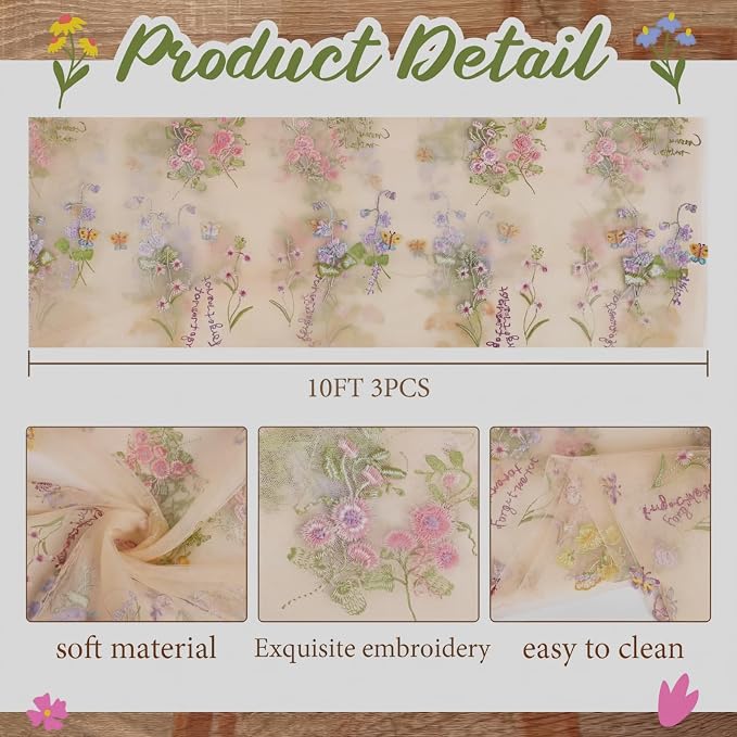 Champagne Floral Table Runner 10ft Embroidery Tulle Spring Wildflower Table Runner Seasonal Summer Butterfly Kitchen Dining Gauze Decoration for Wedding Baby Shower Birthday Party (3 Pcs)