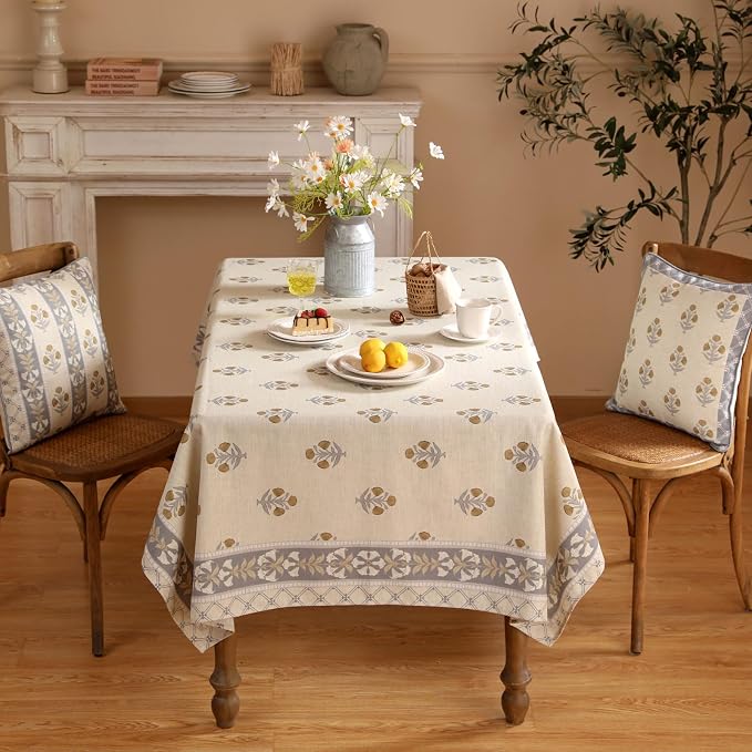 patdrea Vintage French Linen Tablecloth,Rectangular,71"x55"-Istana A | Heavyweight Elegant Table Cloth for Rectangle Table,Natural Floral Block Print,for Dining Room Tea Party Thanksgiving