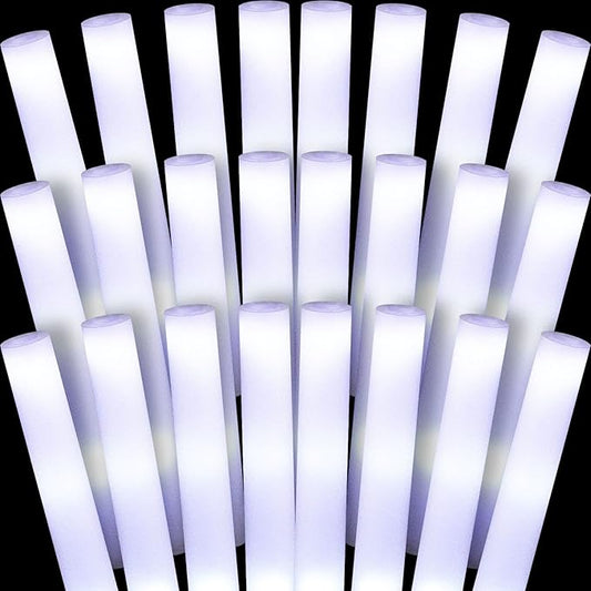 Liliful 24 Pcs LED Foam Sticks Bulk White Light up Sticks Flashing Glow Baton Wands Themed Party Set, Glow in the Dark Party Supplies for Wedding, Raves,Concert,Birthday,Sporting Events