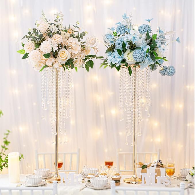 Bigsee 10 Pcs 29.5 inches Crystal Flower Stand Wedding Centerpieces for Tables, Tabletop Gold Metal Flower Arrangement Holder, Bulk Metal Vases for Reception Ceremony Decoration