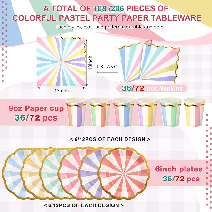 Yungyan 216 Pcs 72 Guests Pastel Paper Plates and Napkins 9 oz Party Cups 6" Scalloped Pastel Dessert Plates Colorful Stripe Disposable Tableware Set for Birthday Ice Cream Carnival Party Supplies