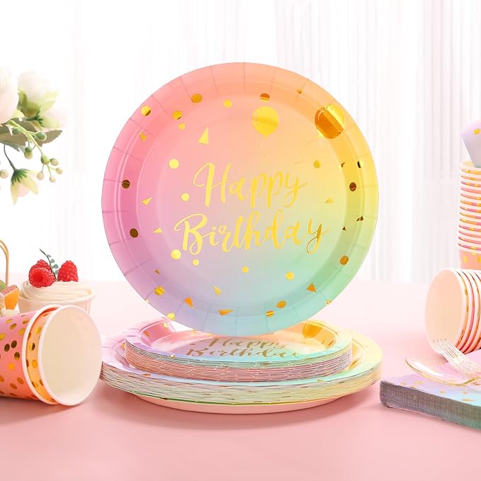 175PCS Pastel Birthday Decorations,Birthday Plates and Napkins Party Supplies,Disposable Rainbow Birthday Plates,Pastel Paper Plates for Girl Women Birthday Party Decorations,Serves 25 Guests