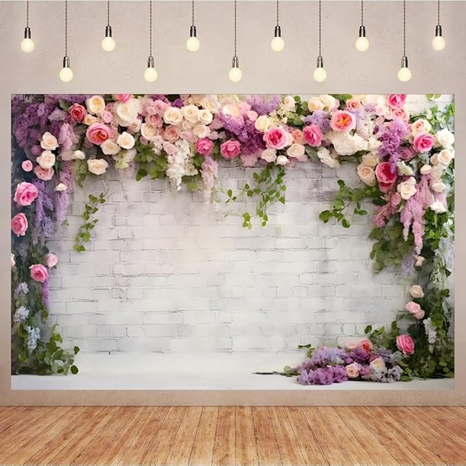 7x5ft Retro White Brick Wall Floral Backdrop Romantic Roses Vine Leaves Photography Background Girls Birthday Party Wedding Bridal Shower Flowers Brick Wall Decoration Supplies Photo Booth Props
