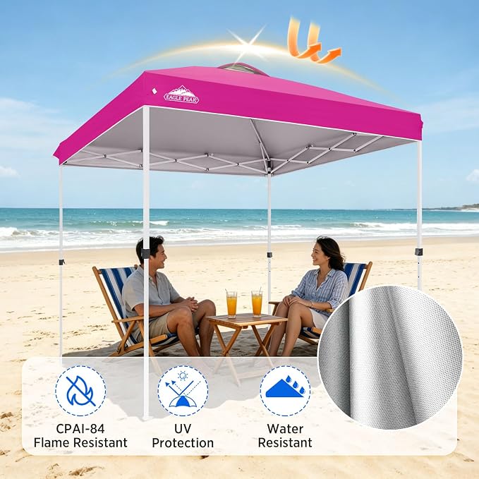 EAGLE PEAK Pop Up Canopy Tent with Wheeled Carry Bag, 8 Stakes, 4 Ropes, Easy Set Up Tent Canopy, 8x8 ft, Pink