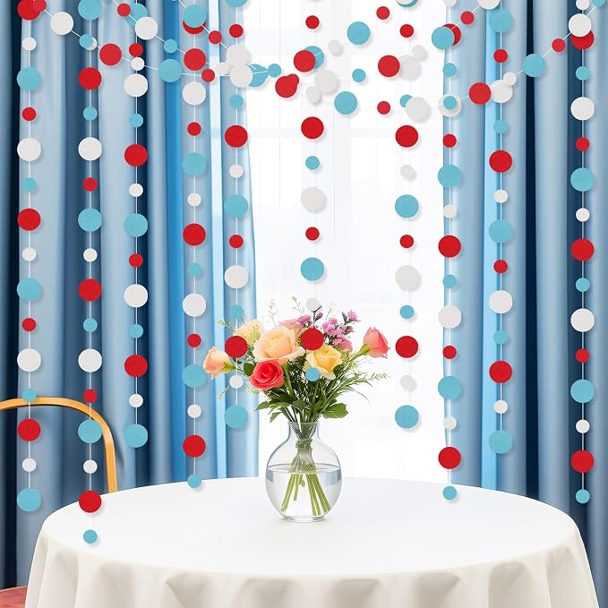 Outus 10 Pieces Colorful Circle Garland Banner Hanging Paper Dot Decorations for Classroom, Birthday Party, Baby Shower, Wedding Backdrop & Photo Booth Graduation Decor (Light Blue,White,Red)