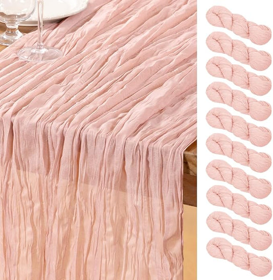 DeZerlor Pink Cheesecloth Table Runner 10 Pack Spring Easter Table Runners Boho Gauze 120 Inches Light Pink Cheese Cloth Table Decor for Wedding Bridal Baby Shower Parties