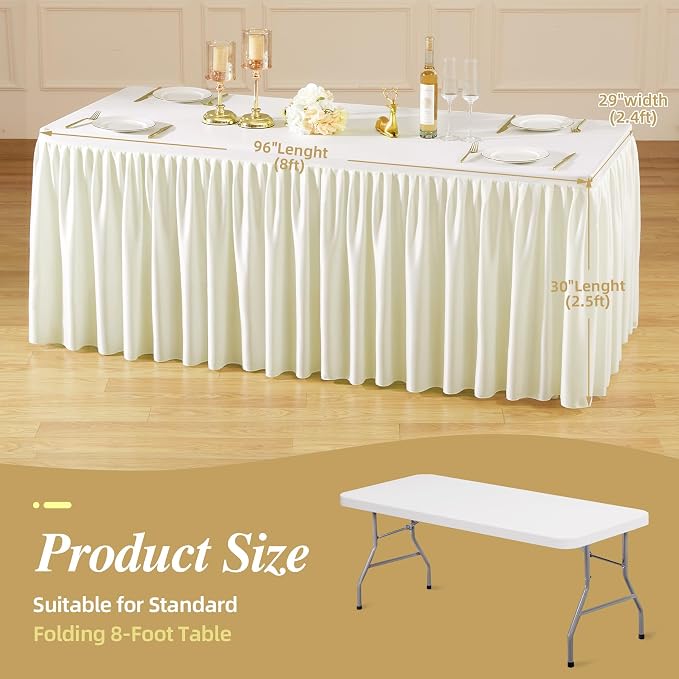 PARTISKY 2 Pack Ivory Tablecloths for Rectangle Tables 8ft, Wrinkle Resistant Spandex Table Cover Fitted Stretch Table Cloth with Pleated Ruffle Skirts for Party Banquet Dining Birthday Wedding