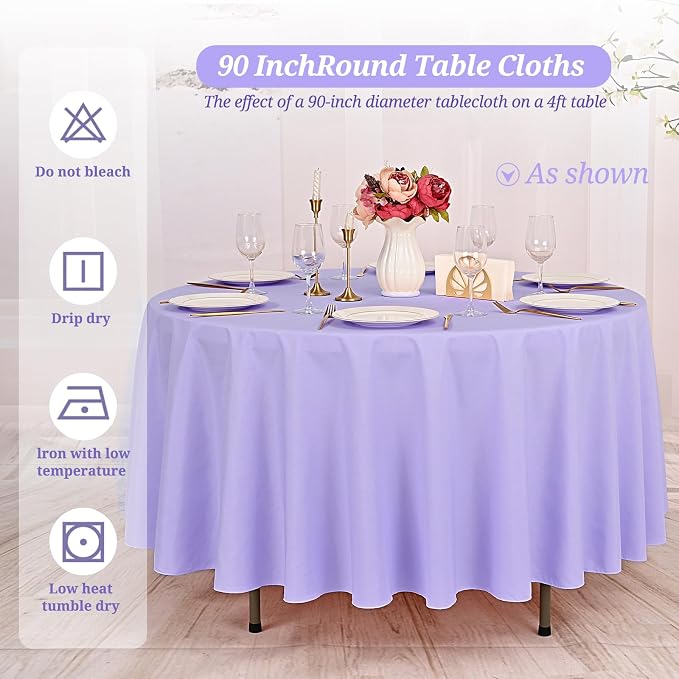 10 Pack Light Purple Round Tablecloths 90 Inch, Polyester Round Table Cloth Circle Bulk Linen Washable Table Cloth Stain and Wrinkle Resistant Circle Table Cover for Wedding Party Dining Banquet
