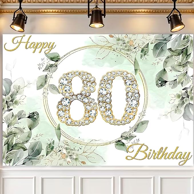 Greenery Eucalyptus Leaves 80th Birthday Backdrop Sage Green Succulent Birthday Decorations Gold Diamond Design Adult Women Men 80th Anniversary Birthday Wedding Banner (D, 6X4FT)