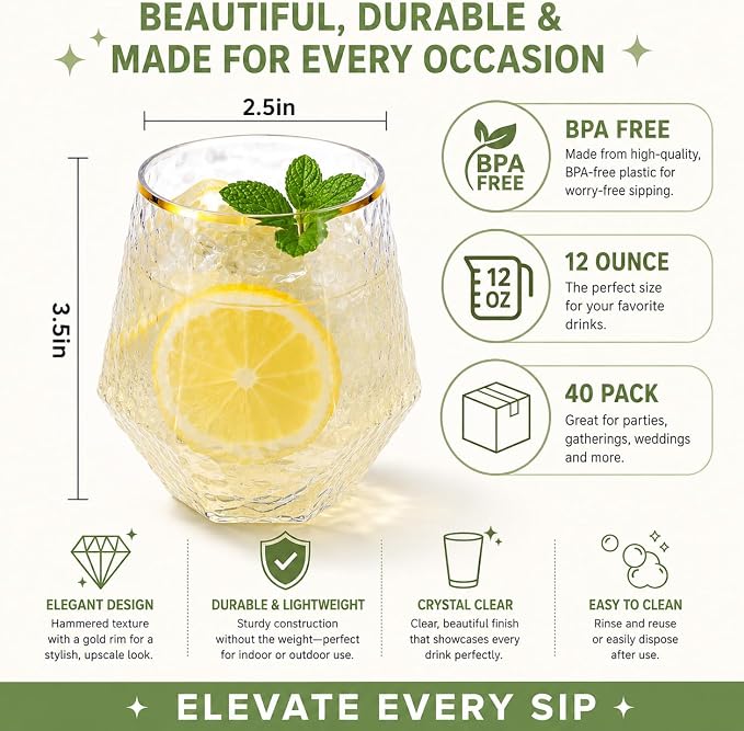 Oojami 40 count Diamond 12 Ounce Cups Unbreakable Stemless Plastic Wine Champagne Whiskey Glasses Elegant Durable Disposable Indoor Outdoor Ideal for Home, Office, Bars, Wedding, (Hammered Gold Rim)