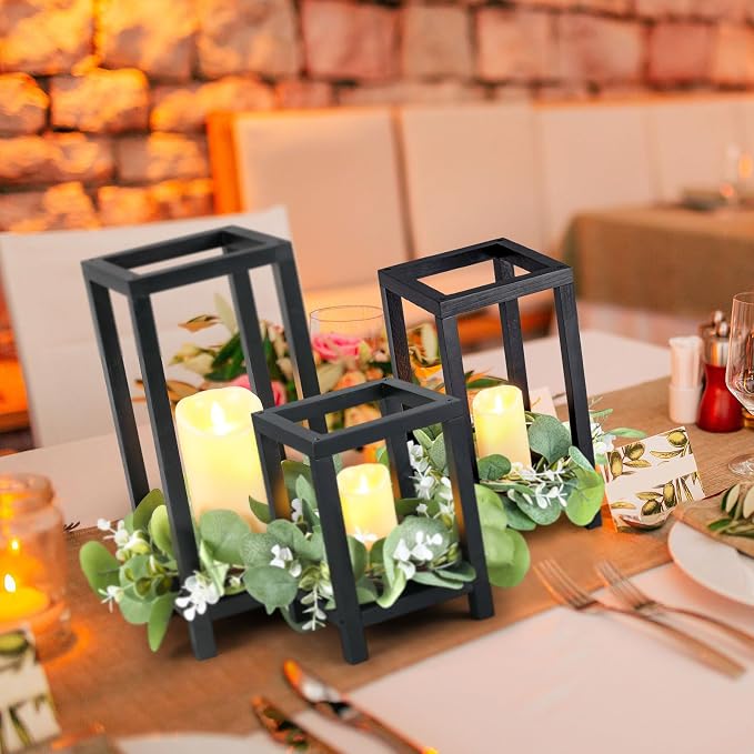 Sliner 24 Pcs Wedding Lantern Centerpiece Set Include 12 Rustic Wooden Candle Lantern 12 Flameless Candle for Wedding Party Baby Shower Table Fireplace Farmhouse Home Decoration(Black)