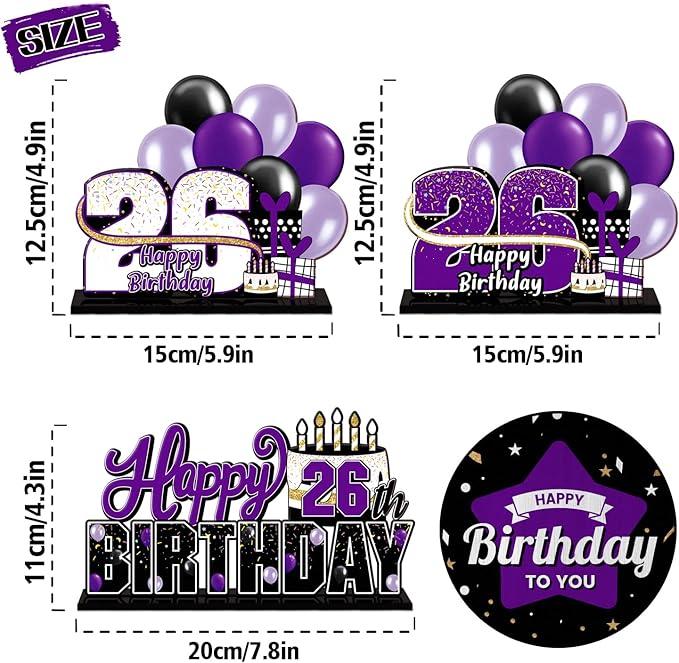 LINGTEER Happy 26th Birthday Purple Acrylic Table Topper Centerpieces Set - Cheers to 26 Years Old Birthday 26th Bday Party Gift Decorations.