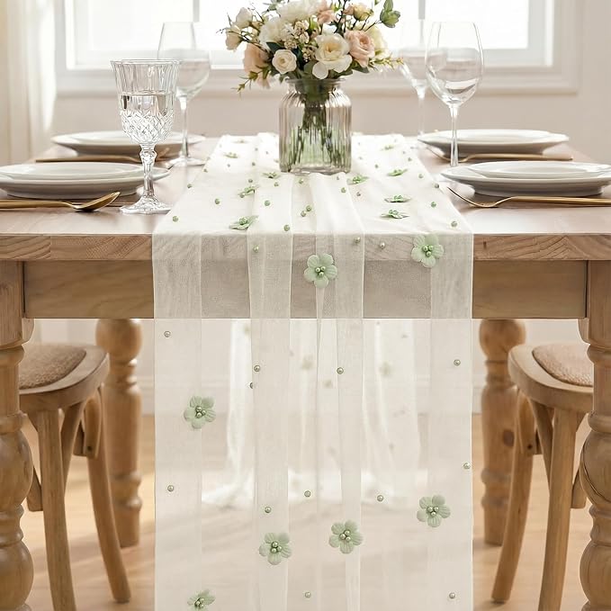 Artoid Mode Sage Green Flower Pearl White Gauze Table Runner 10FT, Seasonal Sheer Dining Holiday Wedding Birthday Baby Shower Table Decor for Home Party