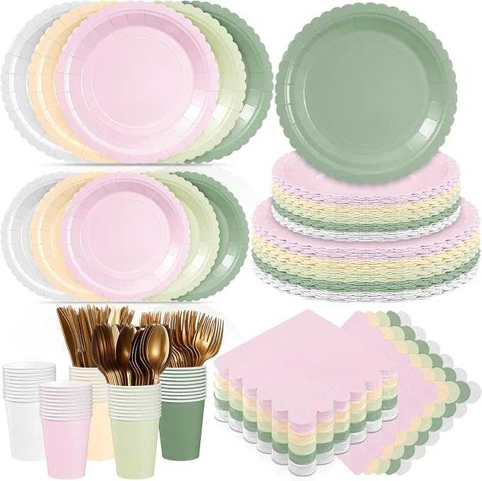 Zhehao 350 Pcs Sage and Pink Party Plates and Napkins Pink and Green Disposable Tableware Kit with Plates, Cups, Napkins, Cutlery for Baby Shower, Birthday, Wedding Party Supplies