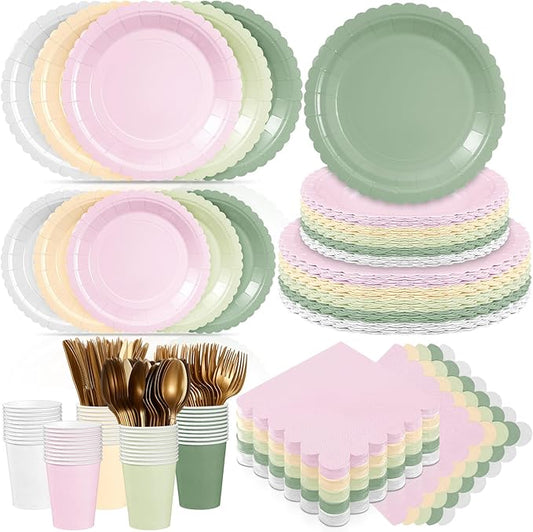 Zhehao 350 Pcs Sage and Pink Party Plates and Napkins Pink and Green Disposable Tableware Kit with Plates, Cups, Napkins, Cutlery for Baby Shower, Birthday, Wedding Party Supplies