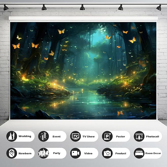 Fantasy Stream Backdrop Night Magical Forest Luminous Butterfly Stream Photography Background Rainforest Jungle Tree Natural Landscape Backdrop Decors Night Wonderland Background Props 5x3ft