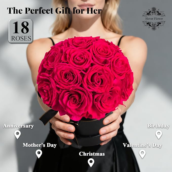 18 Preserved Flowers for Delivery Prime, Roses Dome Forever Flower Decor for Party Home Table Bedroom, Anniversary, Birthday, Wedding Gifts for Women Her (Hot Pink)
