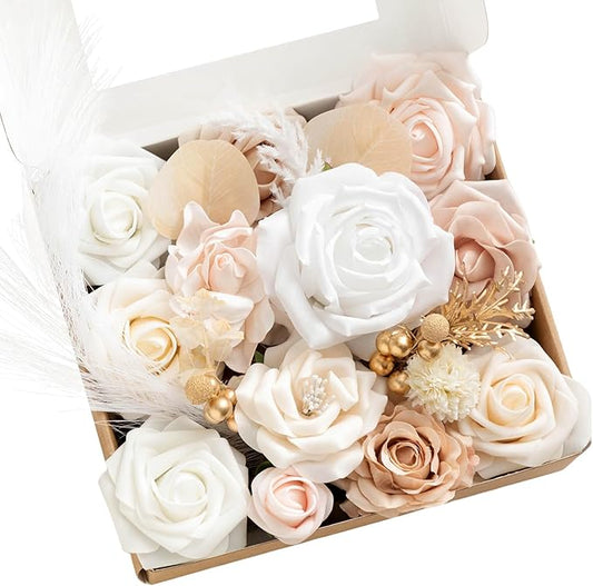 Ling's moment White & Beige Artificial Flowers and Greenery Mini Combo Box Set, Fake Flower for DIY Wedding Bridal Bouquet, Centerpieces Decor, Floral Arrangement Decor, etc.