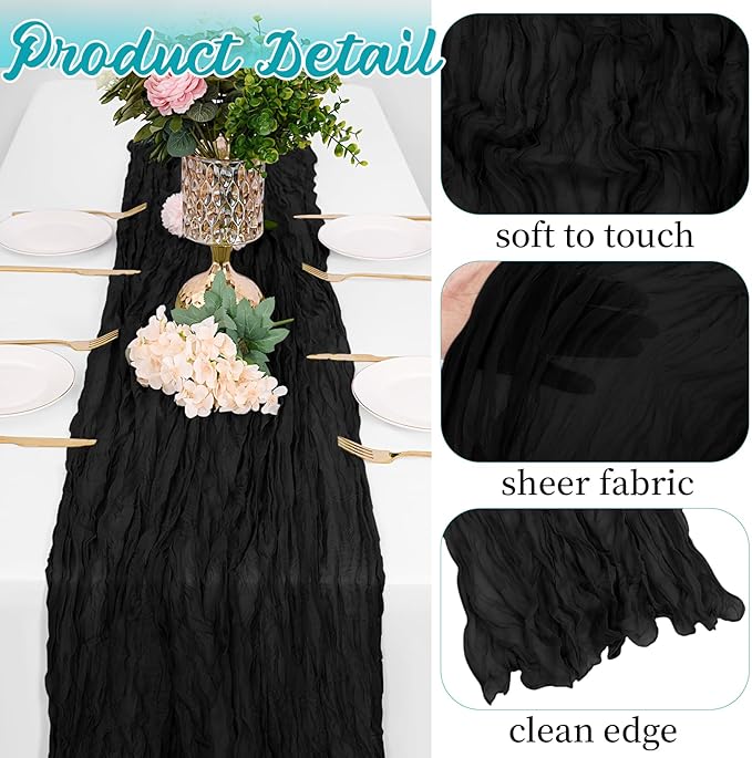 8 Pack Black Cheesecloth Table Runners 20x120 Inch Gauze Table Runner Cheese Cloth 10FT Black Table Runner Rustic Sheer Runner for Wedding Baby Shower Birthday Party Table Decor