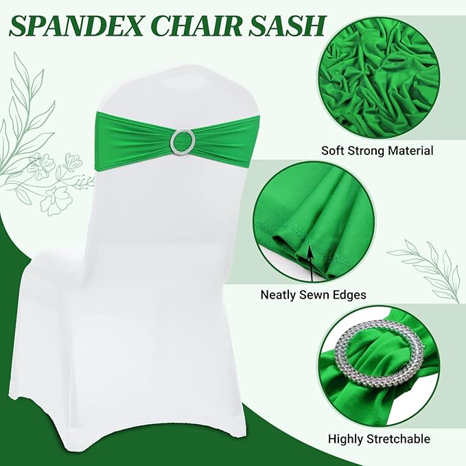 VDS - Light Green | Spandex Chair Sashes Bows | 125 PCS | Stretch Elastic Banquet Universal Folding Chair Band Tie with Silver Buckle Slider for Wedding Party Conference Celebration Event Decoration