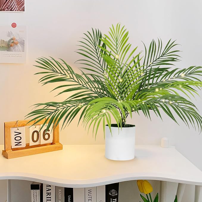 RECUTMS Fake Plants Tall 19In Artificial Tropical Palm Tree Potted with Light Faux Monstera Greenery Plants in White Pot for Indoor Outdoor Home Office Living Room Bedroom Desk Balcony Farmhouse Decor