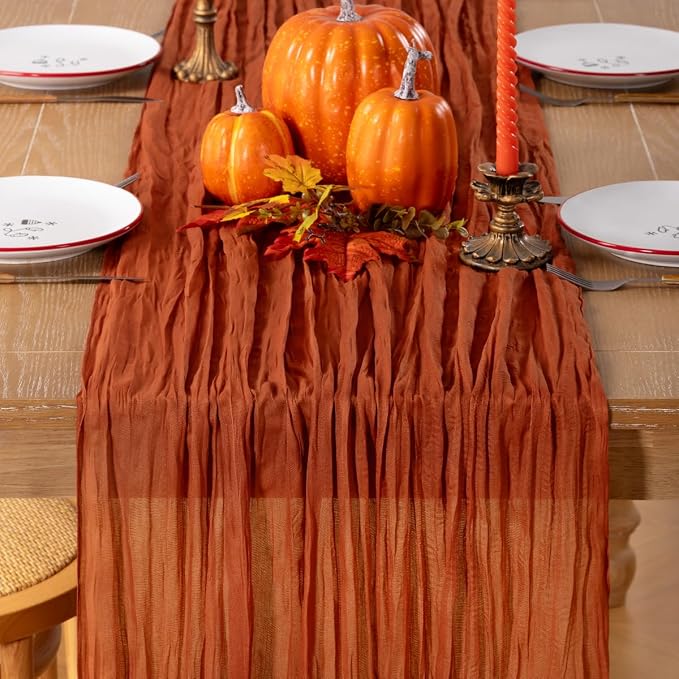 LINXTAR Terracotta Cheesecloth Table Runner 4 Pack 120 Inches 10Ft Gauze Summer Boho Table Runner for Wedding Tea Party Baby Shower Bridal Birthday Home Decoration