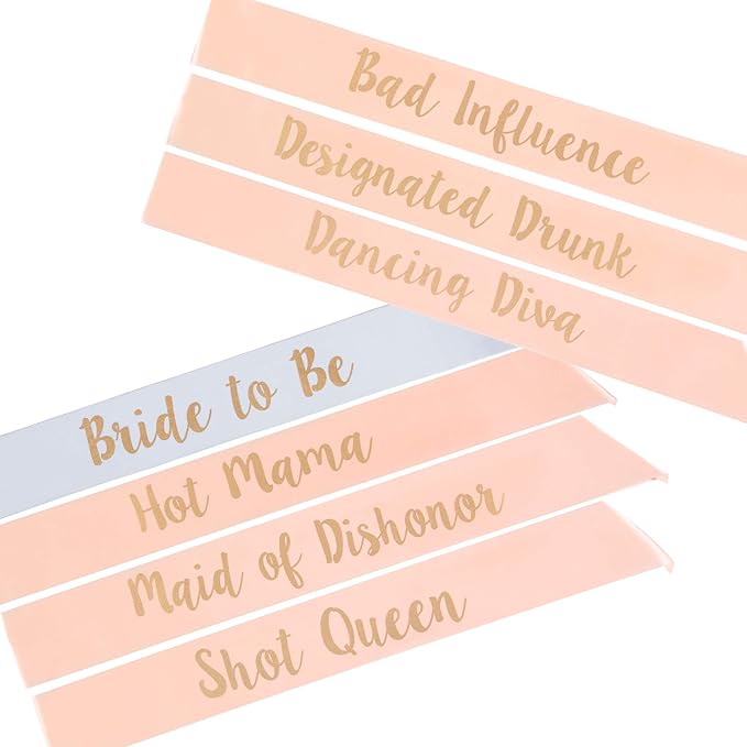 POP FIZZ DESIGNS Bachelorette Sash Set (7 pcs) 1 White Bride to Be Sash + 1 Maid of Honor Sash + 5 Bachelorette Sashes for The Bride Tribe - Amazing Bachelorette Party Favors (Rose Gold)