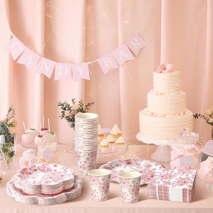 Newtay 250 Pcs Pink Floral Disposable Plates and Napkins Pink and White Floral Tableware Set for 50 Guests Disposable Paper Plates Napkins Cups for Wedding Bridal Shower Party Supplies