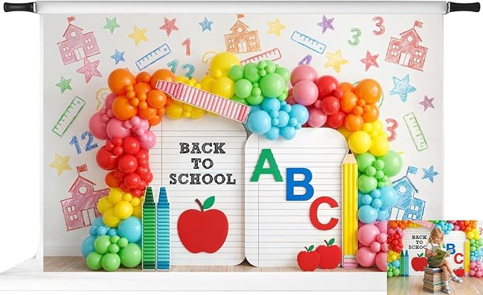 Kate Back to School Photo Backdrop ABC Balloon Arch, 10x6.5ft | ABC letters, balloon arch, pencil, apple, colorful school party photo background for kids portraits