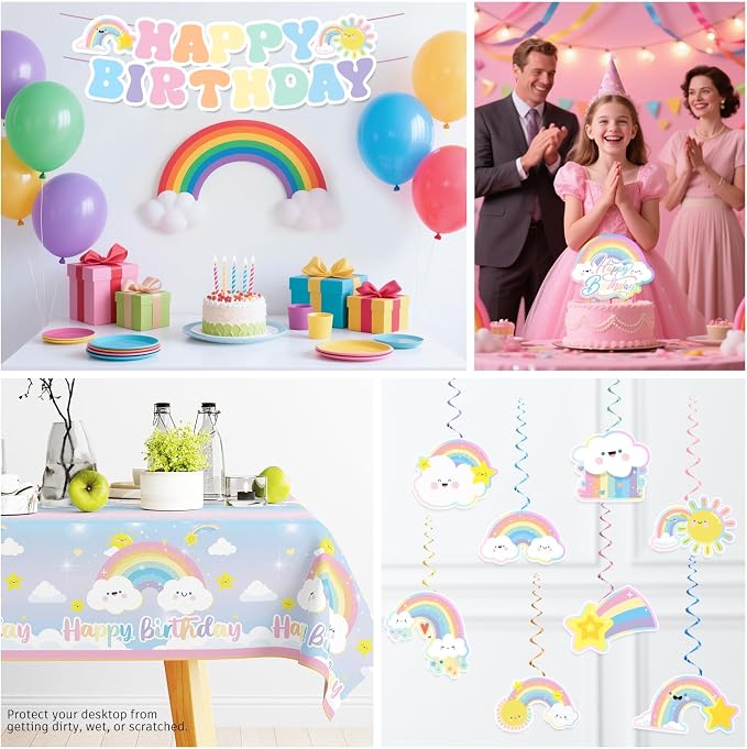 Xynic 174pcs Rainbow Birthday Decorations Tableware Complete Party Set, Rainbow Birthday Party Decorations, includes Pastel-Rainbow Paper Banner Plates Napkins Cups Forks, etc, Serves 25 Guests