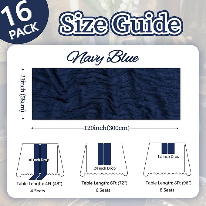 16 Pack Navy Blue Cheesecloth Table Runner 10ft Boho Gauze Fabric 120 Inch Cheese Cloth Table Runner Rustic Sheer for Holiday Baby Shower Party Décor Home Wedding Decoration