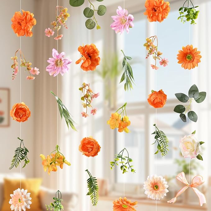Livole 6Pcs 36Ft Hanging Flower Garland with Bow Orange Wildflower Garlands Backdrop Silk Rose Fake Floral Vines with Hooks for Spring Party Wedding Birthday Anniversary Arch Wall Garden Decor