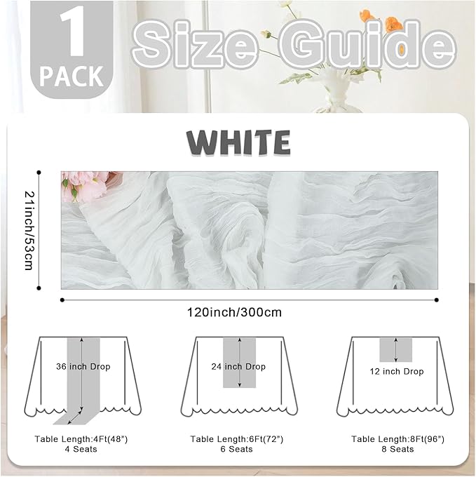 Cheesecloth Table Runner 21x120 Inch White Gauze Table Runners Reusable Polyester 10ft Boho Rustic Cheese Cloth Table Runner for Wedding Party Baby Shower Birthday