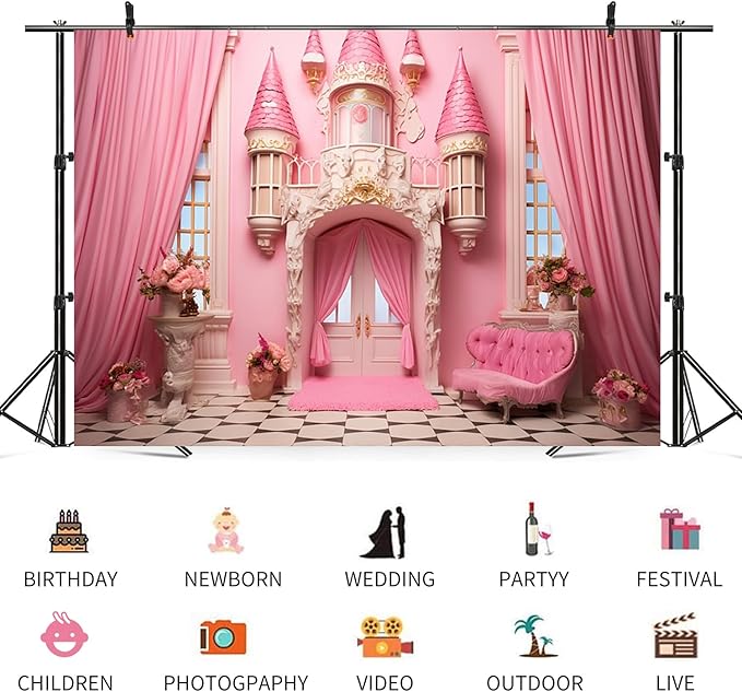 15x10ft Pink Castle Backdrop Room Door Curtain Photography Background Flowers Vases Sofa Princess Girl Birthday Banner Decorations Newborn Baby Shower Wedding Party Portrait Photo Booth Prop