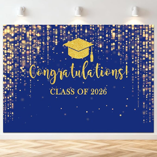 Mocsicka Class of 2026 Backdrop Blue Gold Glitter Bokeh Graduation Party Background 2026 Congrats Grad Prom Party Cake Table Decoration Photo Booth Props (7x5ft)